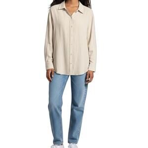 NIA Anthropologie Women’s Medium Beige Jute Tencel Linen Blend Button Up Shirt